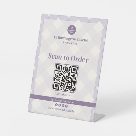 Lilac Purple Gingham Bakery QR Scan to Order  台座サイン (正面)