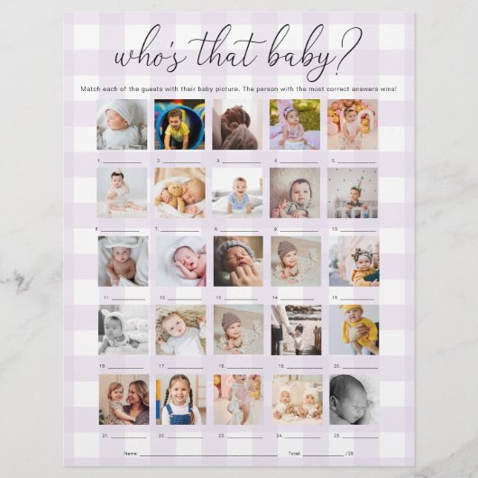 Lilac Purple Gingham Who's That Baby 25 Photo Game チラシ (正面)