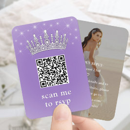 Lilac Purple QR RSVP Quinceañera Crown & Photo エンクロージャーカード
