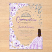 Lilac Purple Silver Floral Quinceanera アクリル招待状 (正面)