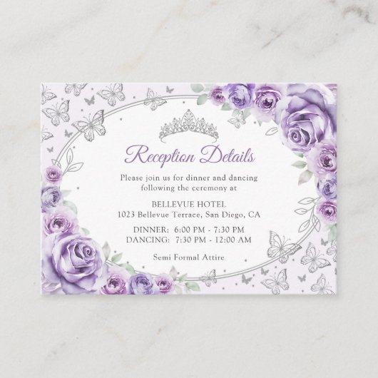 Lilac Purple Silver Quinceanera Reception Details エンクロージャーカード (正面)