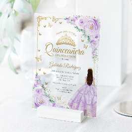 Lilac Purple Watercolor Roses Gold Quinceanera アクリル招待状