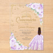 Lilac Purple Watercolor Roses Gold Quinceanera アクリル招待状 (正面)