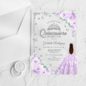 Lilac Purple Watercolor Roses Silver Quinceanera アクリル招待状