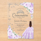 Lilac Purple Watercolor Roses Silver Quinceanera アクリル招待状 (正面)