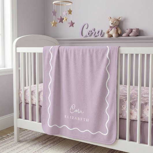 Lilac Purple Wavy Border Monogrammed シェルパブランケット