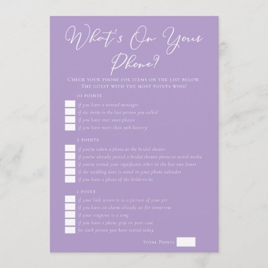 Lilac Purple What's On Your Phone Bridal Shower カード (正面)