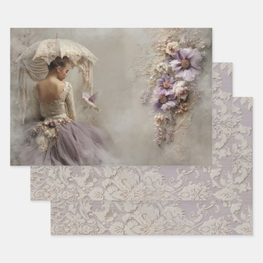 Lilac Reverie Ballerina & Raised Damask Background ラッピングペーパーシート (セット)