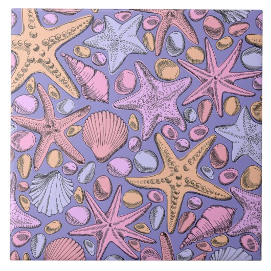 Lilac Seashell & Star Bathroom Art タイル (正面)