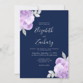Lilac Silver Floral Navy Blue Wedding 招待状 (正面)