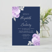 Lilac Silver Floral Navy Blue Wedding 招待状 (スタンド正面)
