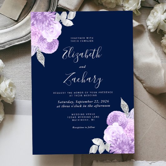 Lilac Silver Floral Navy Blue Wedding 招待状