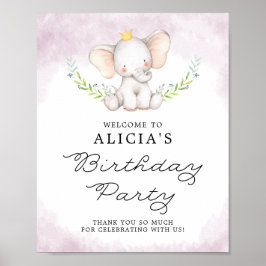Lilac Watercolor Baby Elephant Birthday Welcome ポスター