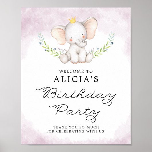 Lilac Watercolor Baby Elephant Birthday Welcome ポスター (正面)