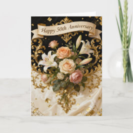  Lilies Roses and Gold 50th Wedding Anniversary カード