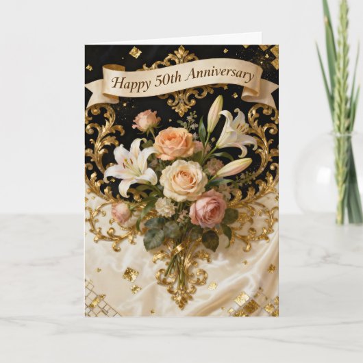  Lilies Roses and Gold 50th Wedding Anniversary カード (正面)