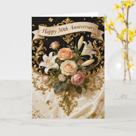  Lilies Roses and Gold 50th Wedding Anniversary カード (黄色い花)