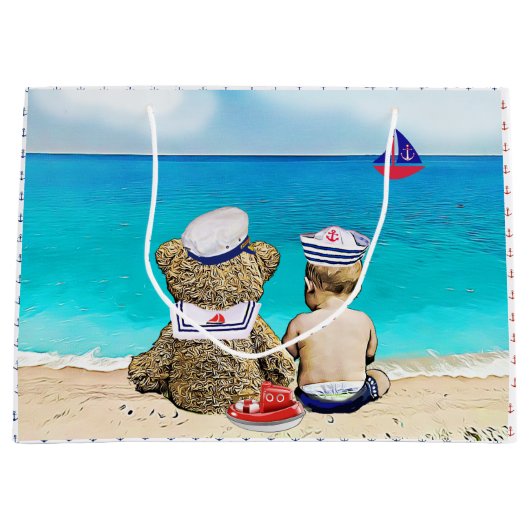 Lil'Sealor航海のをテーマにしたBaby Shower ラージペーパーバッグ (正面)