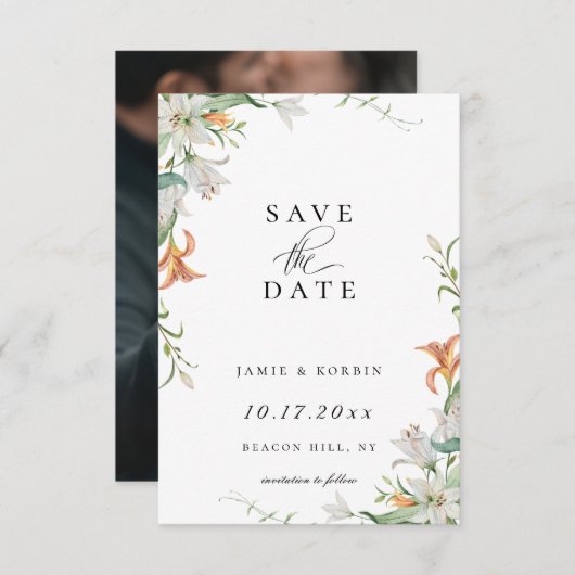 Lily Botanicalモダンフローラ日付写真を保存 案内状 (正面/裏面)