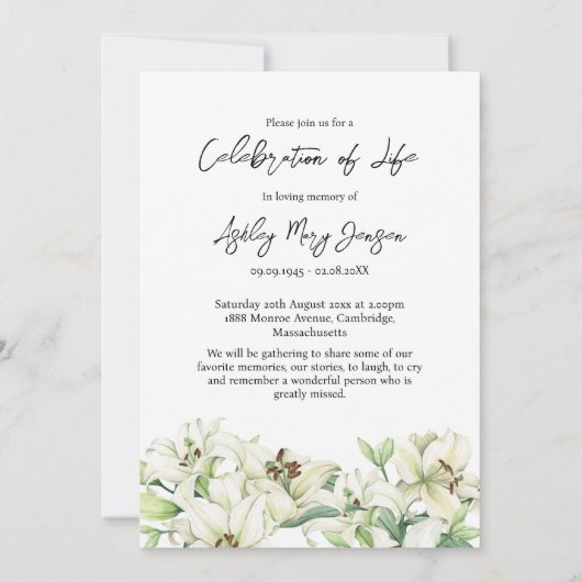 Lily Celebration of Life Photo Funeral 招待状 (裏面)