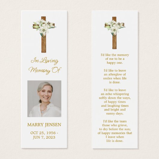 Lily Cross Photo Funeral Memorial Bookmark (正面&裏面)