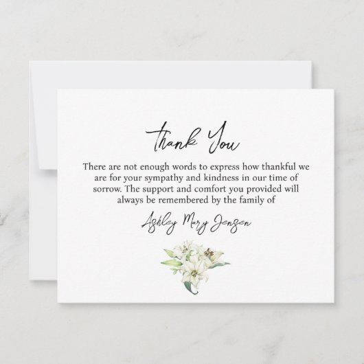 Lily Funeral Thank You Note Card Bereavement サンキューカード (正面)