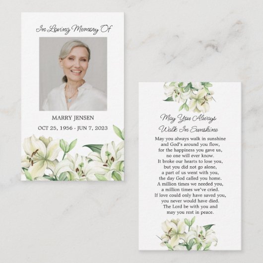 Lily Memorial Photo Funeral Prayer Card 名刺 (正面/裏面)