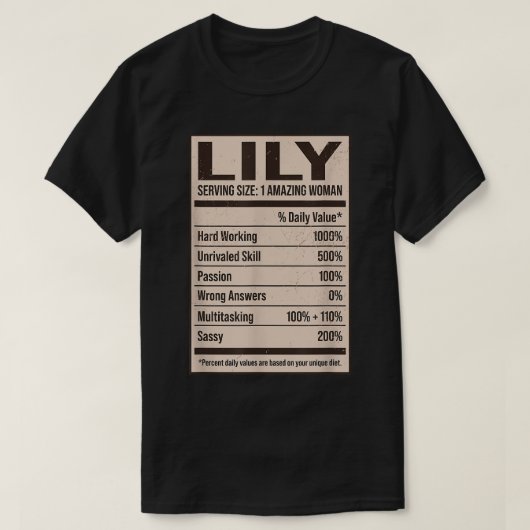 Lily Nutrition Facts Name Nickname Alias Title Fri Tシャツ (デザイン正面)
