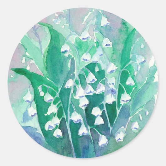 Lily of the Valley Blue Waterカラーフローラ絵画 ラウンドシール (正面)