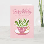 Lily of the Valley Teacup 21th Birthday Friend カード<br><div class="desc">カードの上に手文字の単語ハッピーバースデーと手文字の単語21今日のティーカップに愛のハートと一緒に渓谷の花の美しい束のユリで満たされた趣のある小さなピンクのティーカップ。今日は21歳の友人のための甘い誕生日カード。</div>