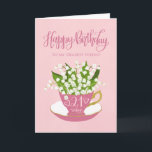 Lily of the Valley Teacup 21th Birthday Friend カード<br><div class="desc">カードの上に手文字の単語ハッピーバースデーと手文字の単語21今日のティーカップに愛のハートと一緒に渓谷の花の美しい束のユリで満たされた趣のある小さなピンクのティーカップ。今日は21歳の友人のための甘い誕生日カード。</div>