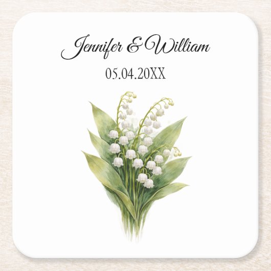 Lily Of The Valley White Floral Wedding スクエアペーパーコースター (正面)