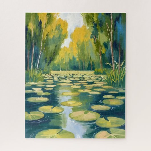 Lily Pad Pond | Green Watercolor Nature ジグソーパズル (縦)