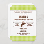LImeグリーンプレイドカウボーイロデオ誕生日招待状 招待状 (正面/裏面)