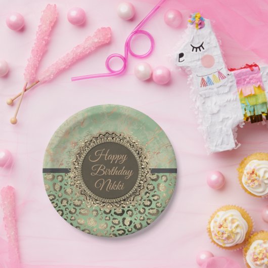 LImeグリーンマーブルグリッタリーヒョウ誕生日 ペーパープレート (パーティー)