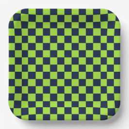 Lime and navy checkerboard pattern ペーパープレート