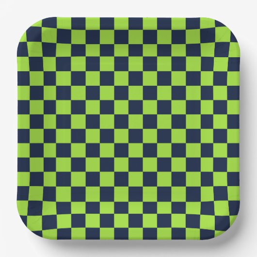 Lime and navy checkerboard pattern ペーパープレート (正面)