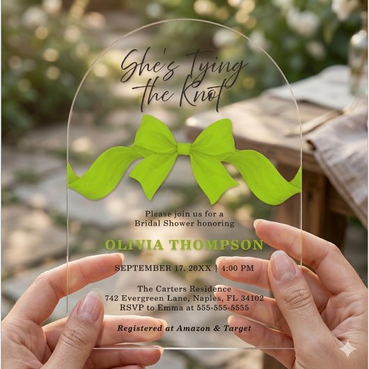 Lime Green Bow Bridal Shower She's Tying the Knot  アクリル招待状