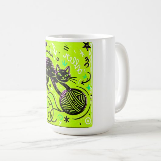 Lime Green Cat Yarn コーヒーマグカップ (正面右)