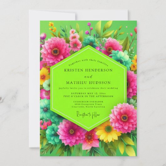 Lime Green Floral Bloom Wedding 招待状 (正面)