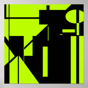 Lime Green Shapes on Black Abstract MCM Look Art ポスター