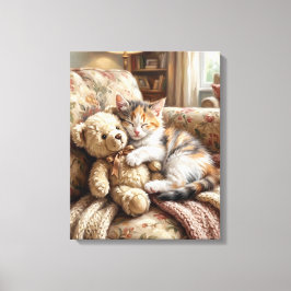 Lindo Gatito Durmiendo con Oso de Peluche キャンバスプリント