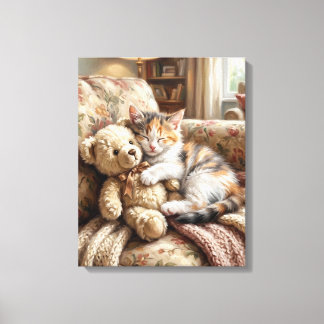 Lindo Gatito Durmiendo con Oso de Peluche キャンバスプリント