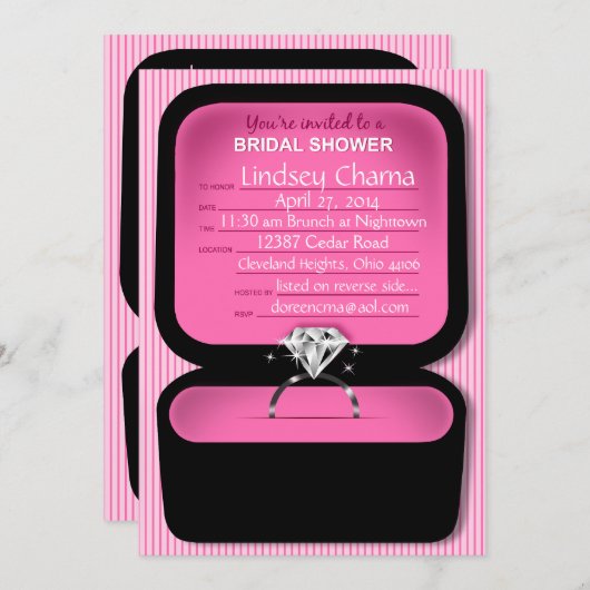 Lindseyのきらきら光るなリング箱のブライダルシャワーのピンク 招待状 (正面/裏面)