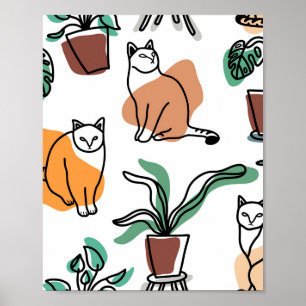 Line art drawing cats and flowers ポスター