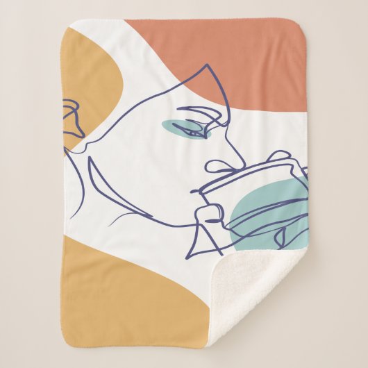 line art drawing poster of woman drinking coffee   シェルパブランケット (正面)