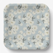 Line Drawn Peony in Cream on Light Blue ペーパープレート (正面)