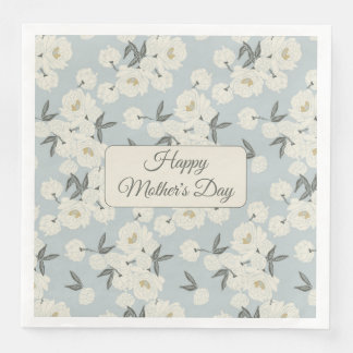 Line Drawn Peony in Cream on Light Blue-Napkin