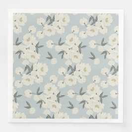 Line Drawn Peony in Cream on Light Blue-Napkin