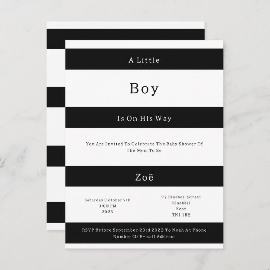 Linear Chic Black And White Stripes Baby Invite Br ポストカード (正面/裏面)
